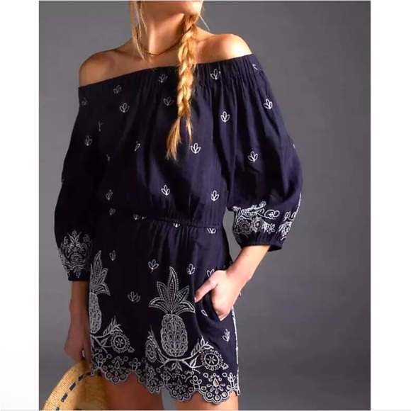 FARM Rio Pants - Farm Rio Jackie Tropical Pineapple Embroidered Off Shoulder Romper Linen Blend